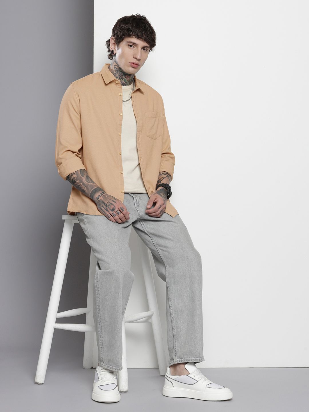Men's Khaki Regular Fit Solid Resort Wear Shirt