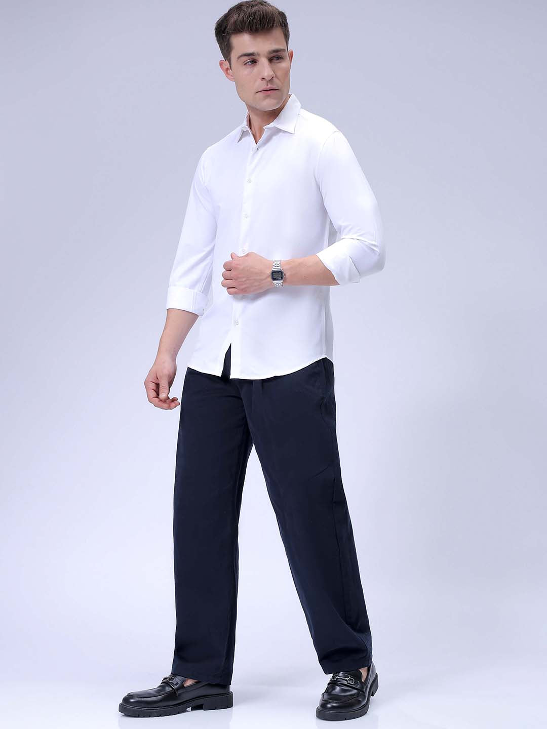 Men's White Slim Fit Solid Textured Partywear Shirt