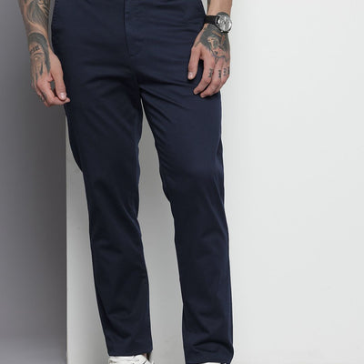 Men's Blue Regular Fit Solid Chinos