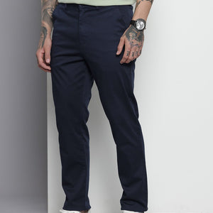 Men's Blue Regular Fit Solid Chinos