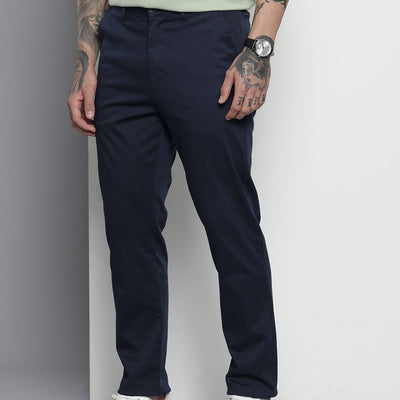 Men's Blue Regular Fit Solid Chinos