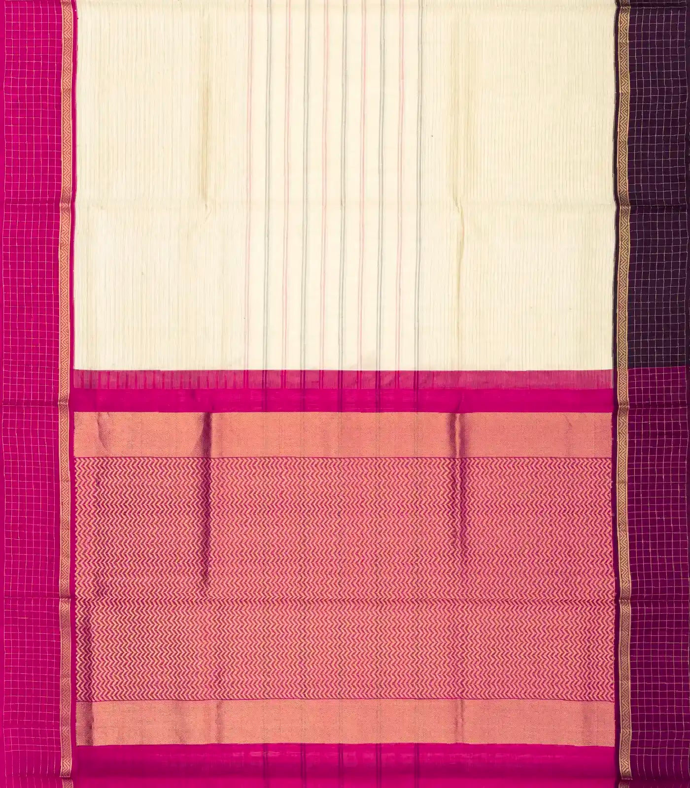 Cream Handloom Soft Silk Saree With Stripes & Contrast Ganga Jamuna Border