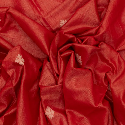 Red Handloom Bengal Cotton Saree With Stripes & Buttas