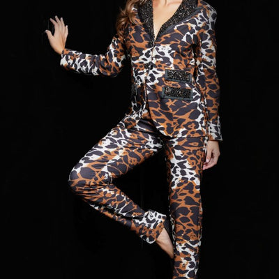 Jovani 09680 Long Two Piece Beaded Print Formal Pant Suit