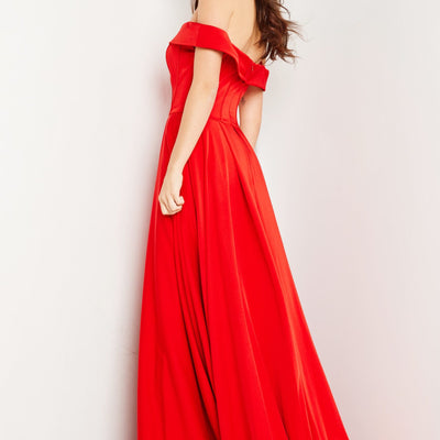 Satin Off Shoulder A-line Slit Gown by Jovani 09874