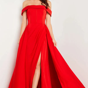 Satin Off Shoulder A-line Slit Gown by Jovani 09874