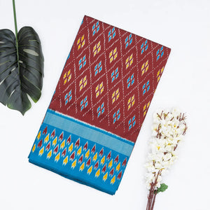 Maroon Handloom Ikat Silk Saree With Contrast Blue Border