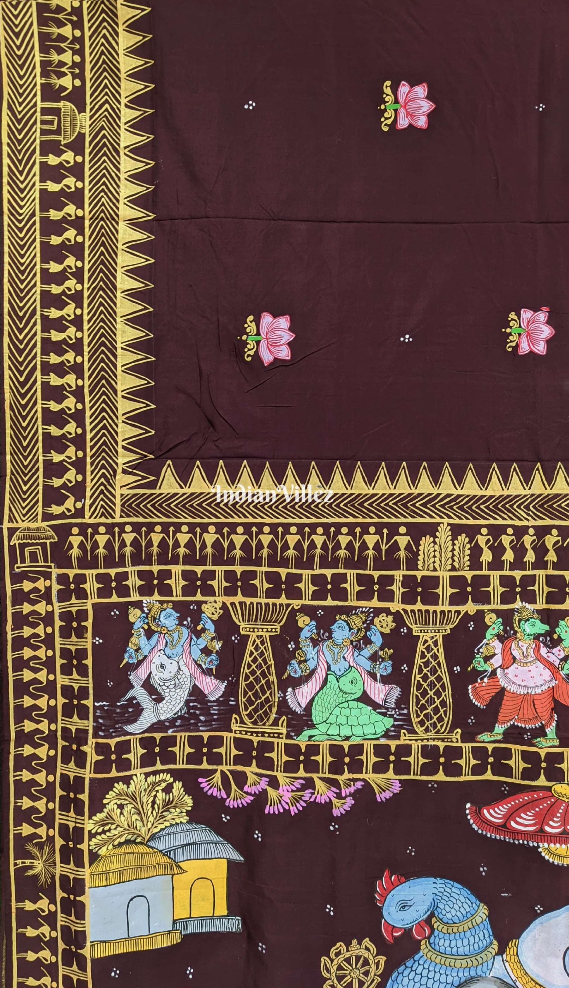 Arjuna Bows to Navagunjara Pure Hand-Painted Pattachitra Saree