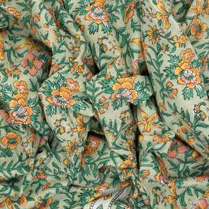 Light Green Woven Jaipur Cotton Saree With Yellow Printed Floral Motifs