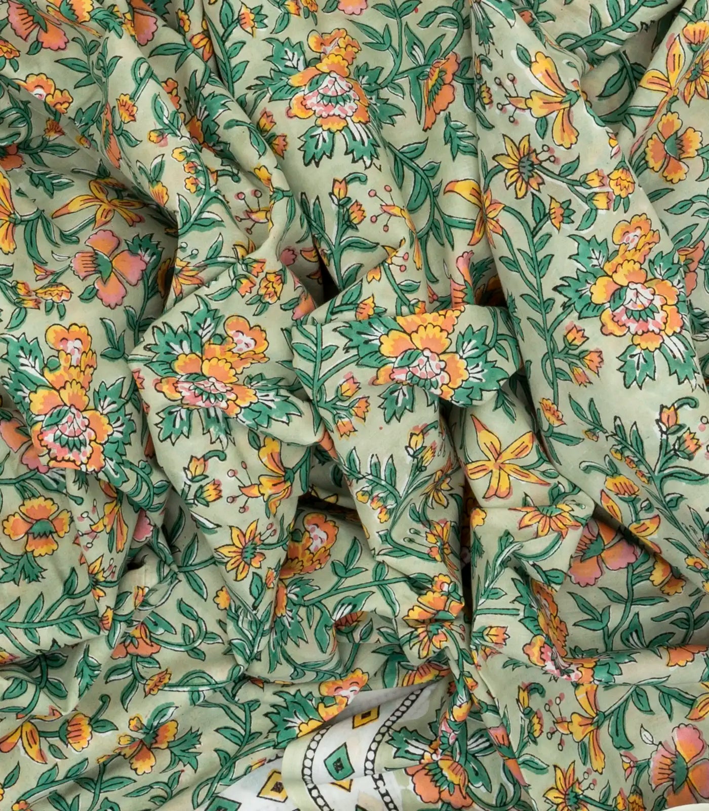 Light Green Woven Jaipur Cotton Saree With Yellow Printed Floral Motifs