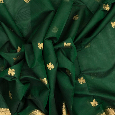 Dark Green Handloom Silk Cotton Saree With Horse Zari Buttas