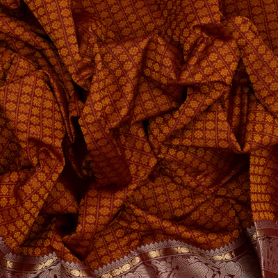 Rust Handloom Kanchi Cotton Saree With Annam Chakaram Checks