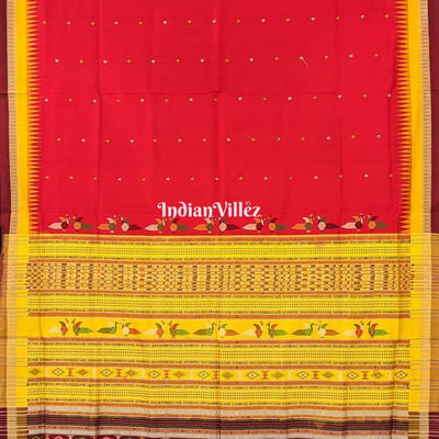 Red Ganjam Bomkai Sambalpuri Ikat Silk Saree