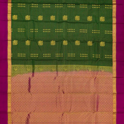 Dark Green Silk Saree With Zari Checks & Annam Buttas