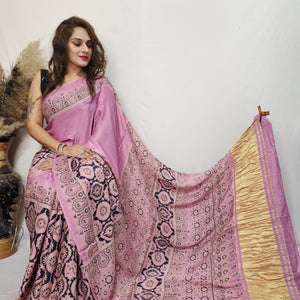 Fine Modal Silk Authetic Hand blocked Ajrakh Print Saree
