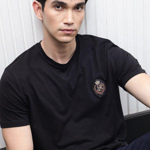 Rare Rabbit Men's Crown T Black Crew Neck Chest Embroidered Label Half Sleeves Slim Fit T-Shirt