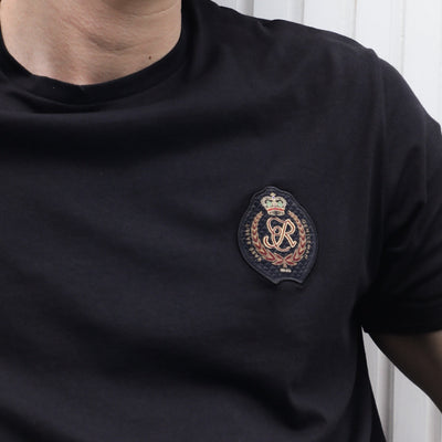 Rare Rabbit Men's Crown T Black Crew Neck Chest Embroidered Label Half Sleeves Slim Fit T-Shirt