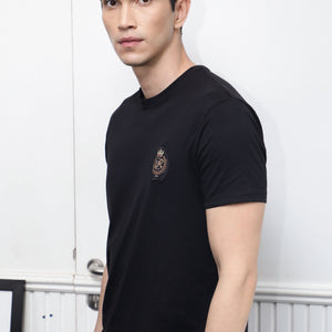 Rare Rabbit Men's Crown T Black Crew Neck Chest Embroidered Label Half Sleeves Slim Fit T-Shirt