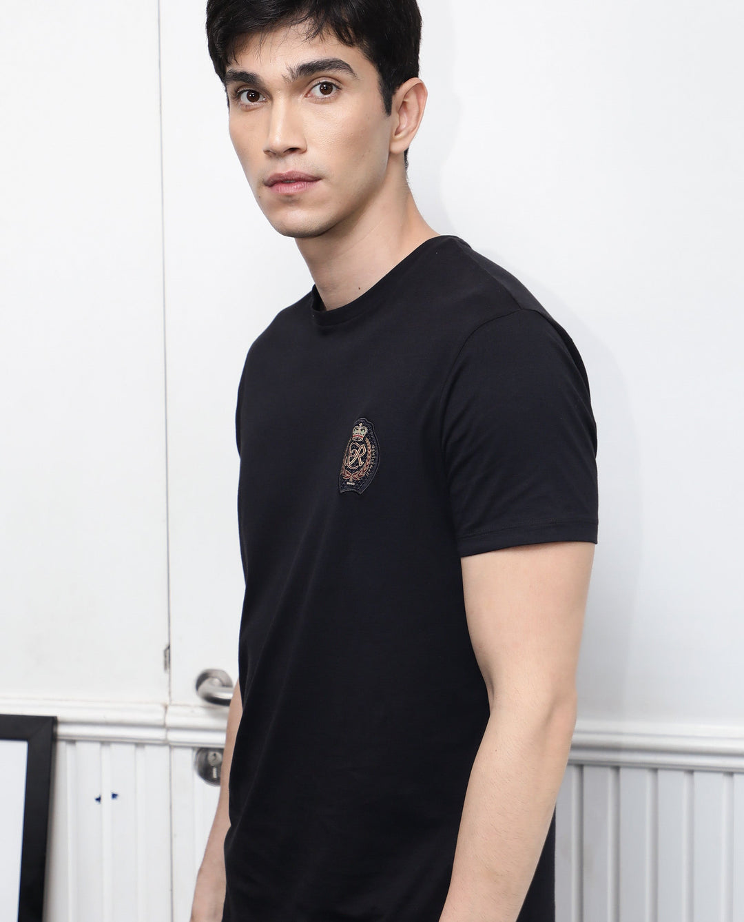 Rare Rabbit Men's Crown T Black Crew Neck Chest Embroidered Label Half Sleeves Slim Fit T-Shirt