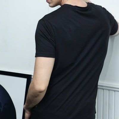 Rare Rabbit Men's Crown T Black Crew Neck Chest Embroidered Label Half Sleeves Slim Fit T-Shirt