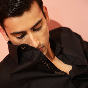 Rare Rabbit Men's I Love U Black Cotton Fabric Embroidered Full Sleeves Shirt