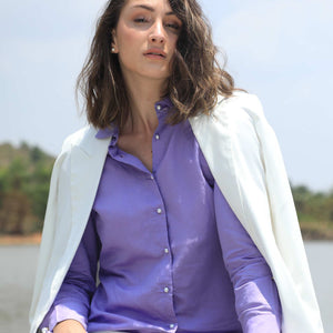 Rareism Women Jayleen Fluorescent Purple Modal Linen Fabric Full Sleeves Button Closure Shirt Collar Slim Fit Plain Top