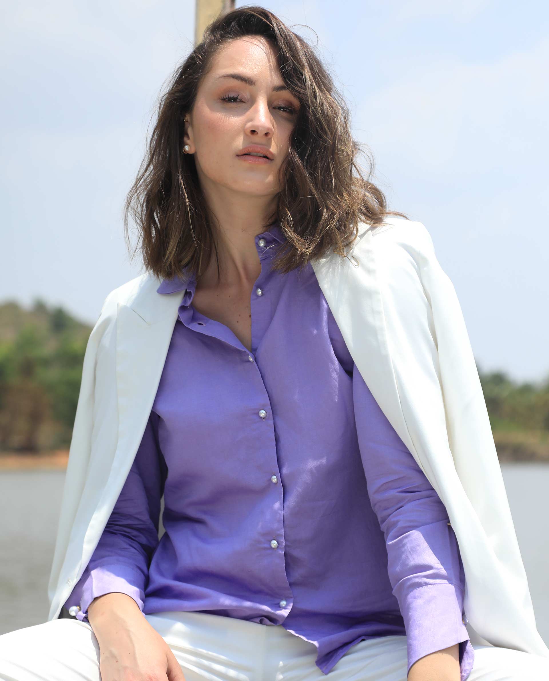 Rareism Women Jayleen Fluorescent Purple Modal Linen Fabric Full Sleeves Button Closure Shirt Collar Slim Fit Plain Top