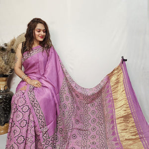 Fine Modal Silk Authetic Hand blocked Ajrakh Print Saree