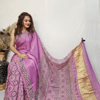Fine Modal Silk Authetic Hand blocked Ajrakh Print Saree