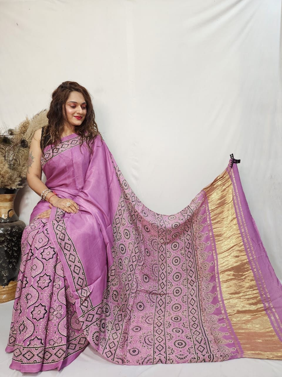 Fine Modal Silk Authetic Hand blocked Ajrakh Print Saree