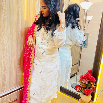 Mirror work Chikankari Kurti with Bandhani Dupatta Pant Set
