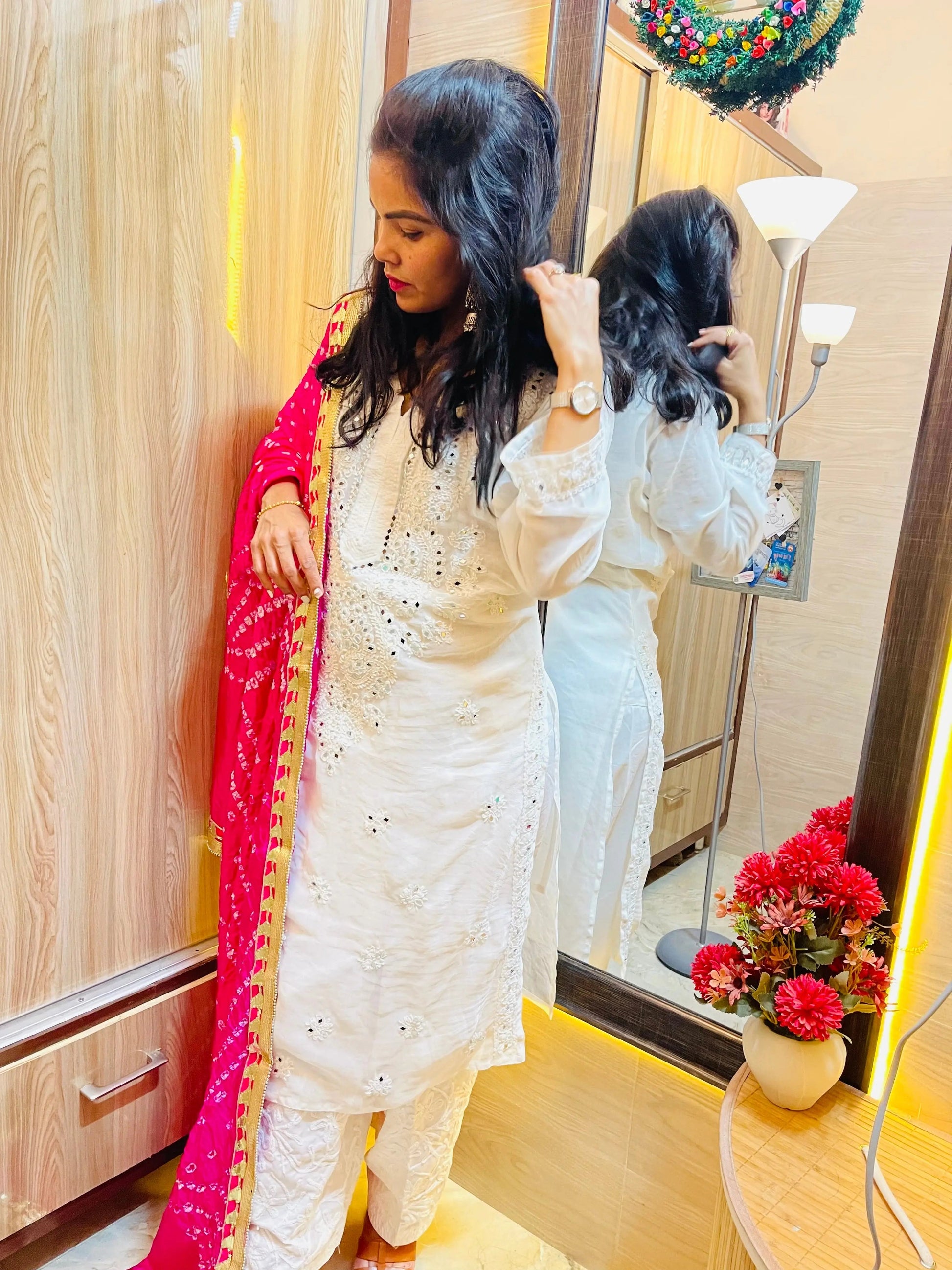 Mirror work Chikankari Kurti with Bandhani Dupatta Pant Set