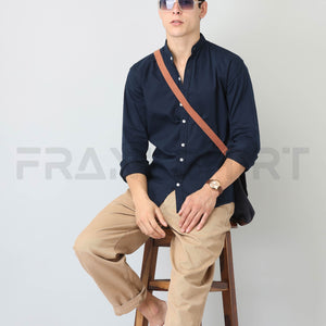 Frankshirt Chinese Collar Navy Blue Solid Tailored Fit Cotton Casual Shirt for Man