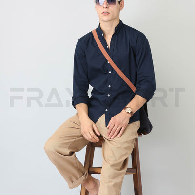 Frankshirt Chinese Collar Navy Blue Solid Tailored Fit Cotton Casual Shirt for Man