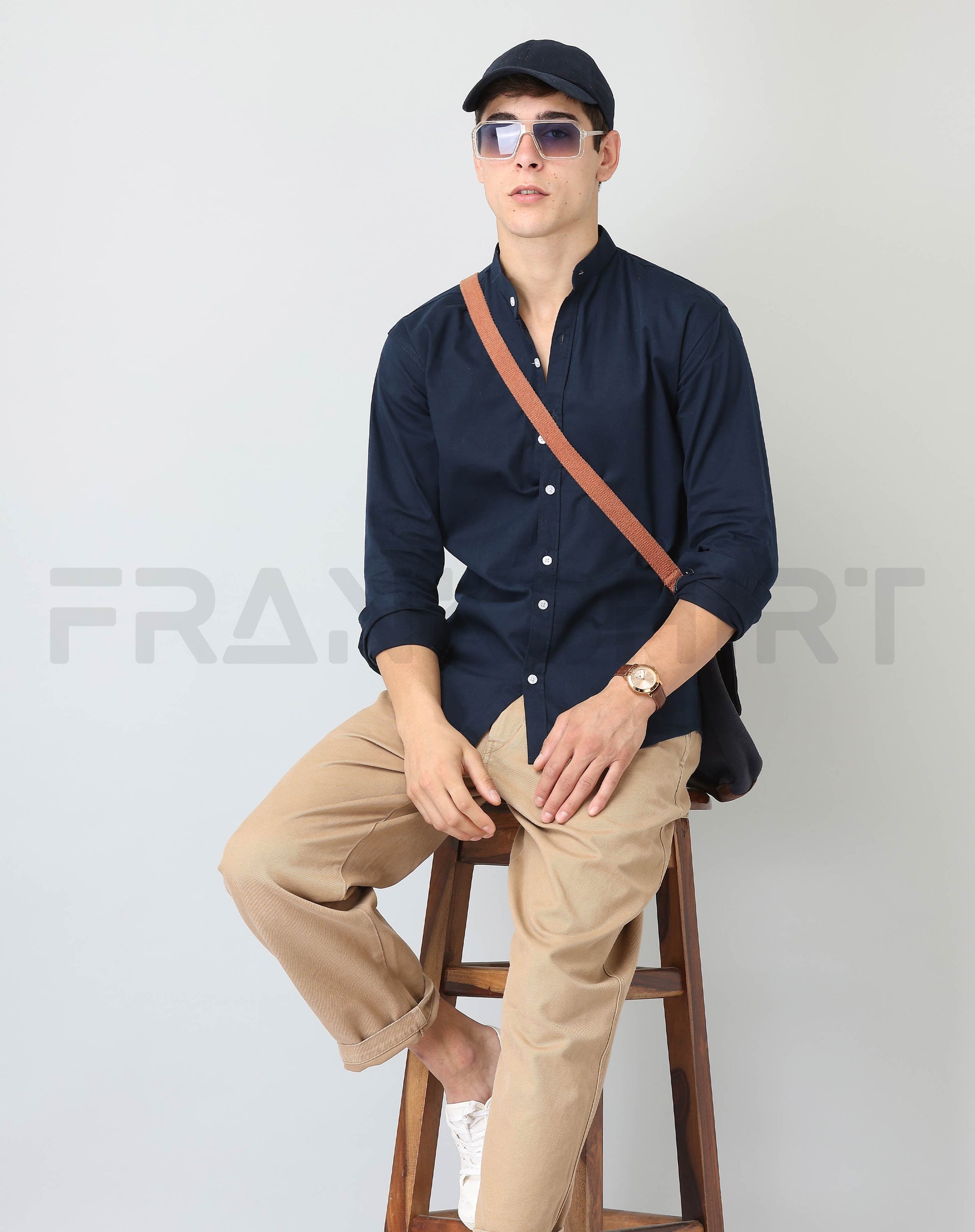 Frankshirt Chinese Collar Navy Blue Solid Tailored Fit Cotton Casual Shirt for Man