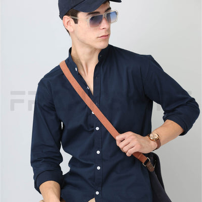 Frankshirt Chinese Collar Navy Blue Solid Tailored Fit Cotton Casual Shirt for Man