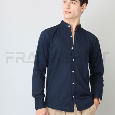 Frankshirt Chinese Collar Navy Blue Solid Tailored Fit Cotton Casual Shirt for Man