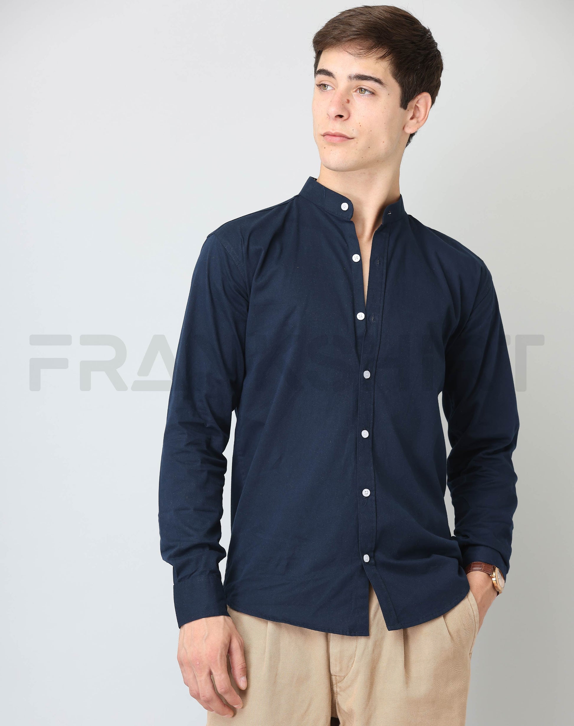 Frankshirt Chinese Collar Navy Blue Solid Tailored Fit Cotton Casual Shirt for Man