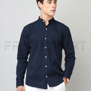 Frankshirt Chinese Collar Navy Blue Solid Tailored Fit Cotton Casual Shirt for Man