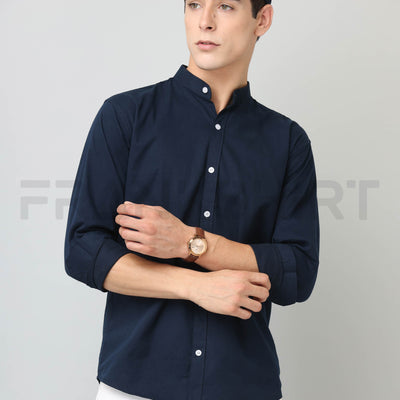 Frankshirt Chinese Collar Navy Blue Solid Tailored Fit Cotton Casual Shirt for Man