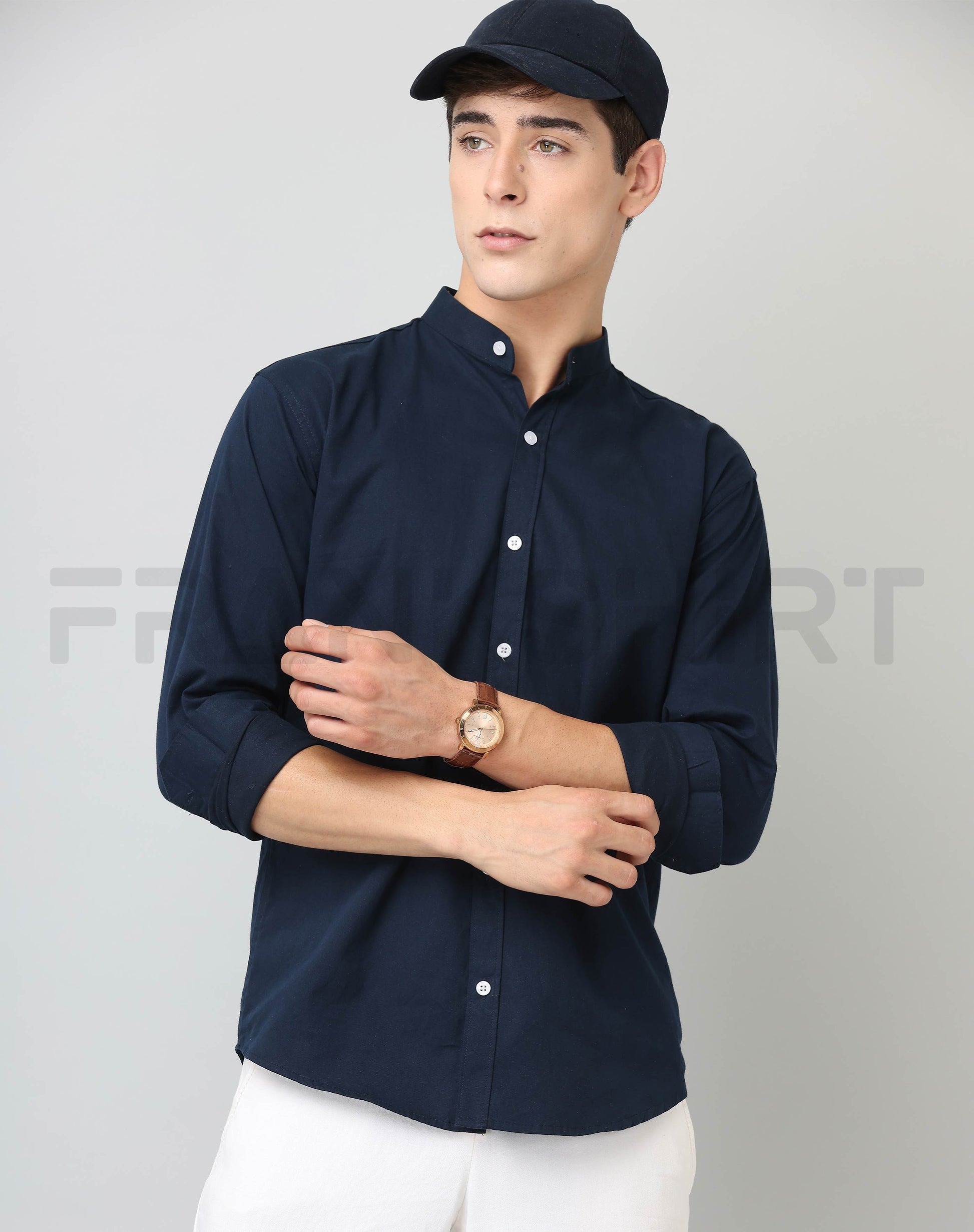 Frankshirt Chinese Collar Navy Blue Solid Tailored Fit Cotton Casual Shirt for Man
