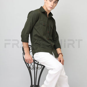 Frankshirt Double Pocket Bottle Green Solid Tailored Fit Cotton Casual Shirt for Man