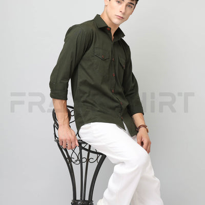 Frankshirt Double Pocket Bottle Green Solid Tailored Fit Cotton Casual Shirt for Man