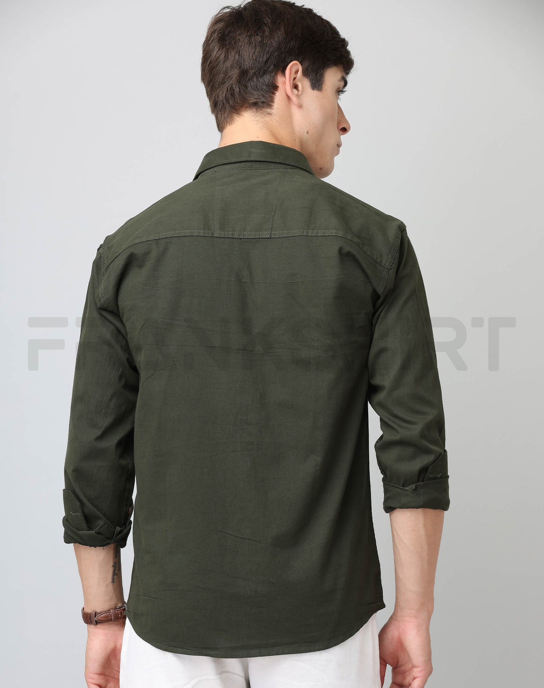 Frankshirt Double Pocket Bottle Green Solid Tailored Fit Cotton Casual Shirt for Man