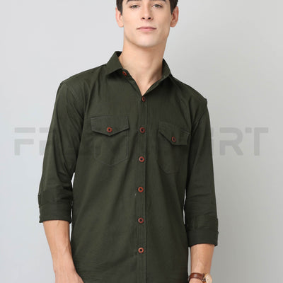Frankshirt Double Pocket Bottle Green Solid Tailored Fit Cotton Casual Shirt for Man