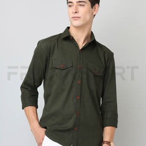 Frankshirt Double Pocket Bottle Green Solid Tailored Fit Cotton Casual Shirt for Man
