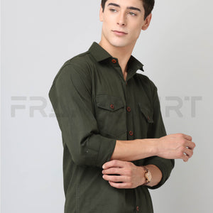 Frankshirt Double Pocket Bottle Green Solid Tailored Fit Cotton Casual Shirt for Man