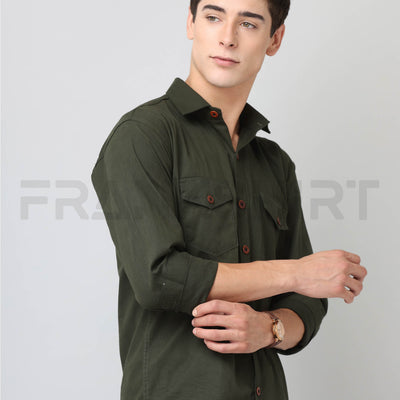 Frankshirt Double Pocket Bottle Green Solid Tailored Fit Cotton Casual Shirt for Man