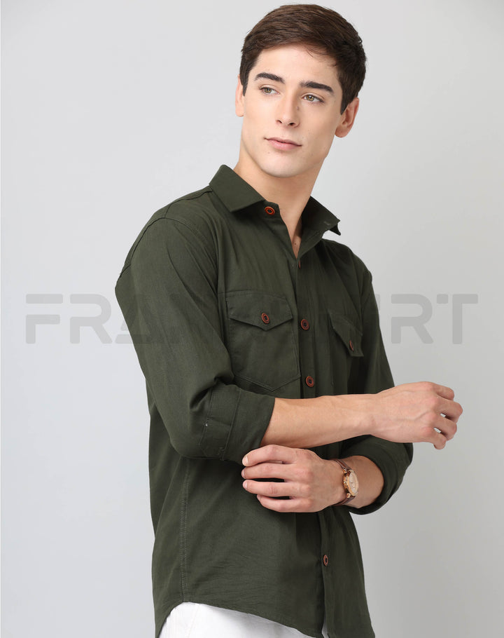 Frankshirt Double Pocket Bottle Green Solid Tailored Fit Cotton Casual Shirt for Man