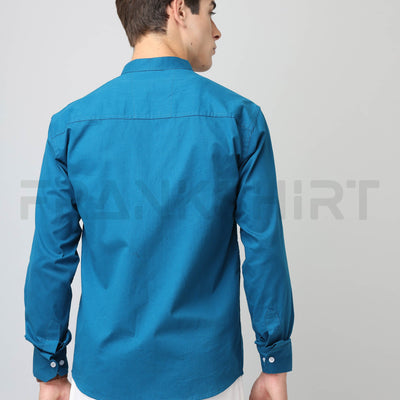 Frankshirt Chinese Collar Peacocke Blue Solid Tailored Fit Cotton Casual Shirt for Man